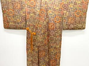 格子に花鳥・蝶模様ロング道中着